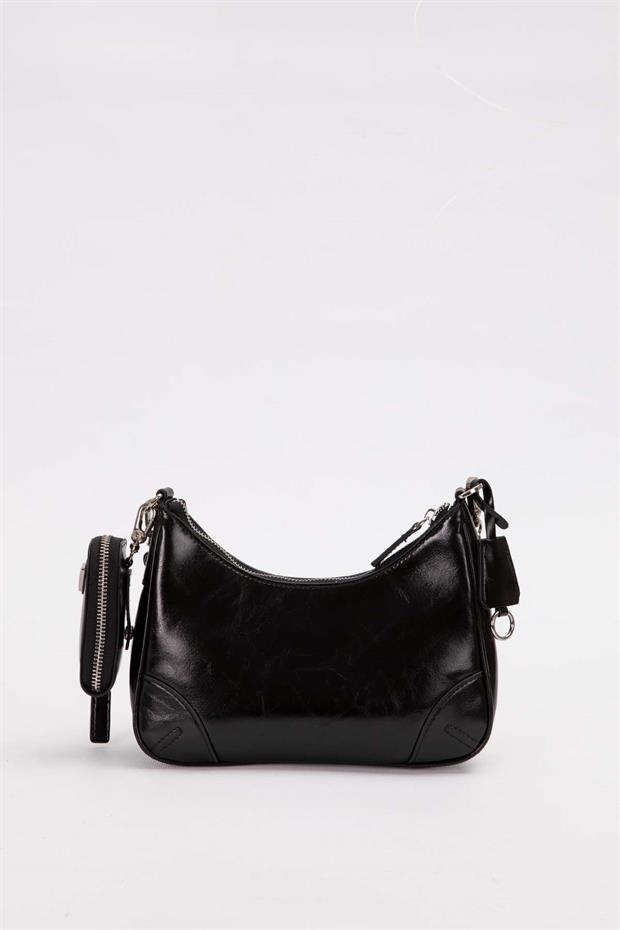 Siyah Mini Cüzdan Detaylı Omuz Çantası