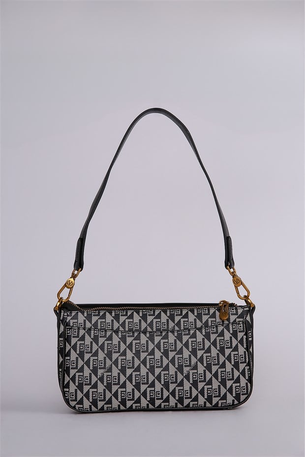 Siyah Monogram Desenli Baget Omuz Çantası