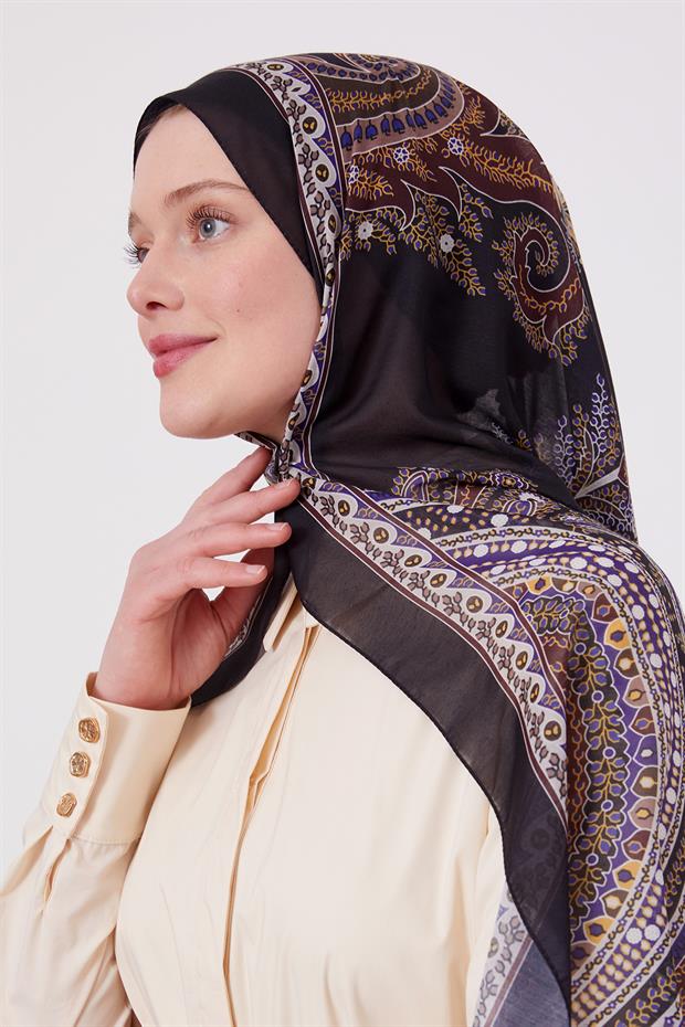 Siyah - Mor Etnik Desen Sport Şal