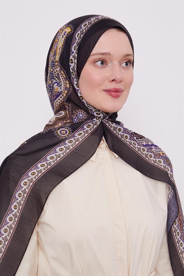 Siyah - Mor Etnik Desen Sport Şal