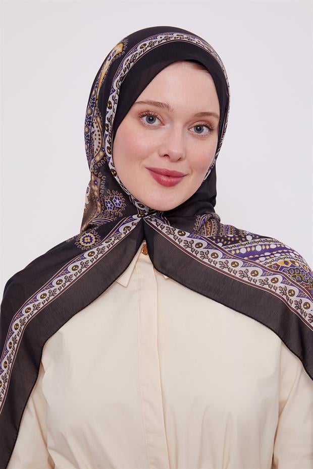 Siyah - Mor Etnik Desen Sport Şal