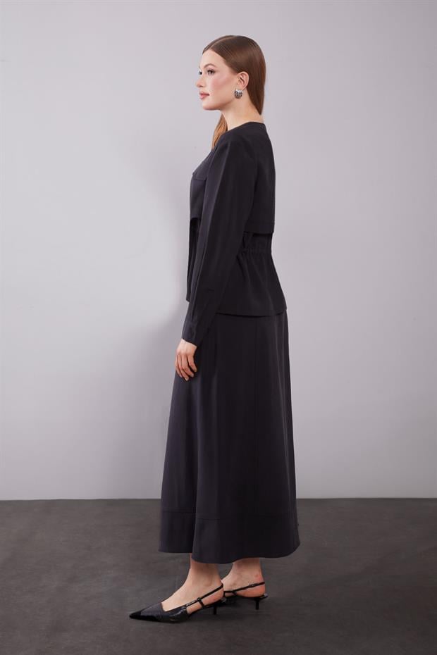 Siyah Omuz Fermuar Detaylı Etek Takım