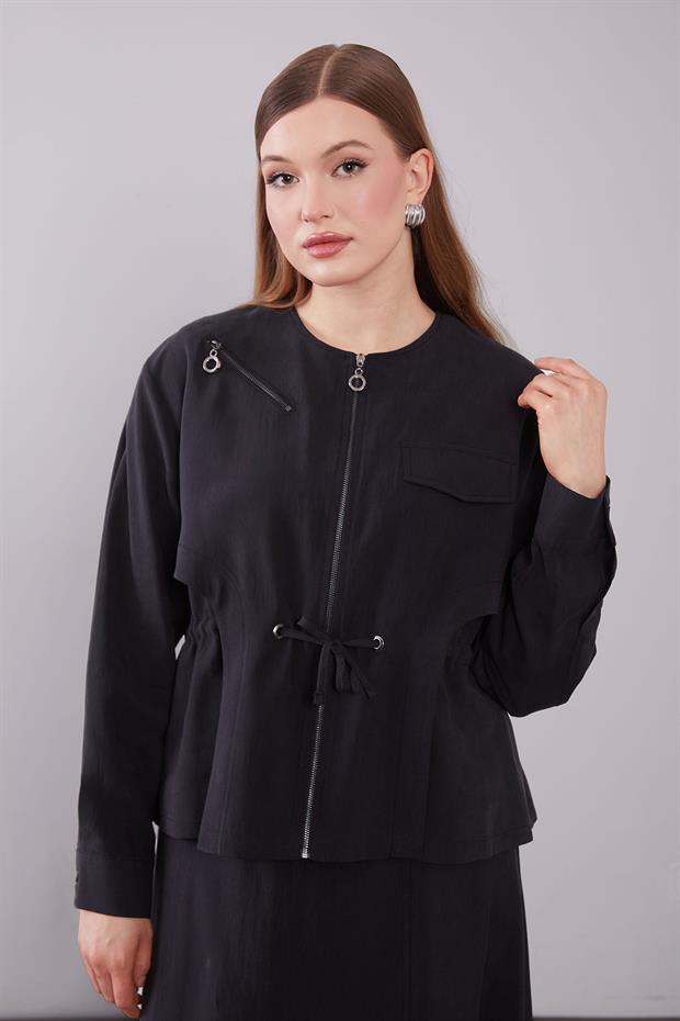 Siyah Omuz Fermuar Detaylı Etek Takım