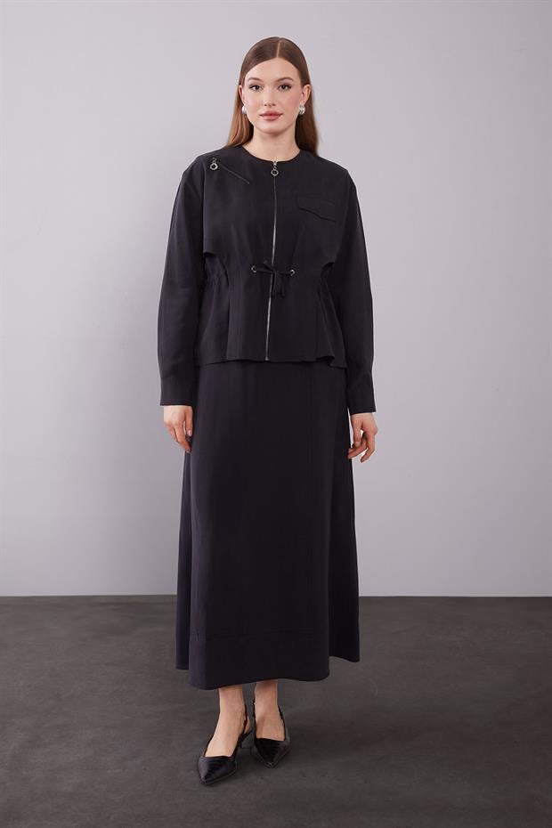 Siyah Omuz Fermuar Detaylı Etek Takım