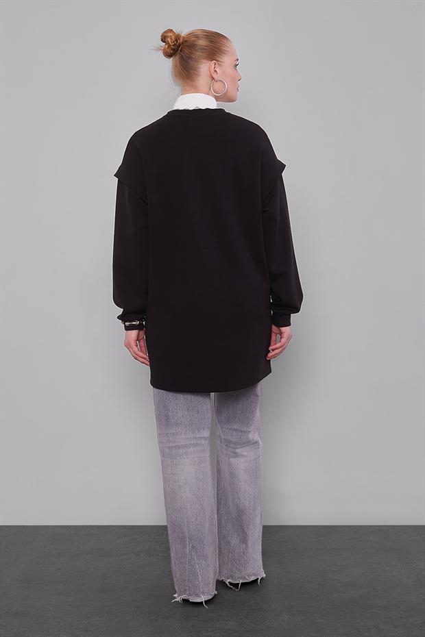 Siyah Omuz Manşet Detaylı Sweat