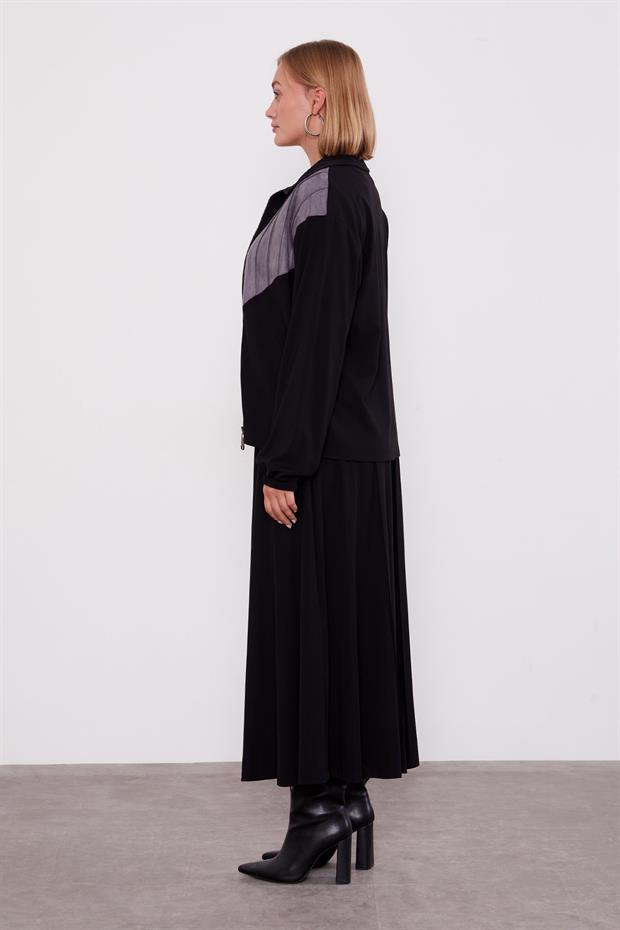 Siyah Omuz Payet Detaylı Etek Takım