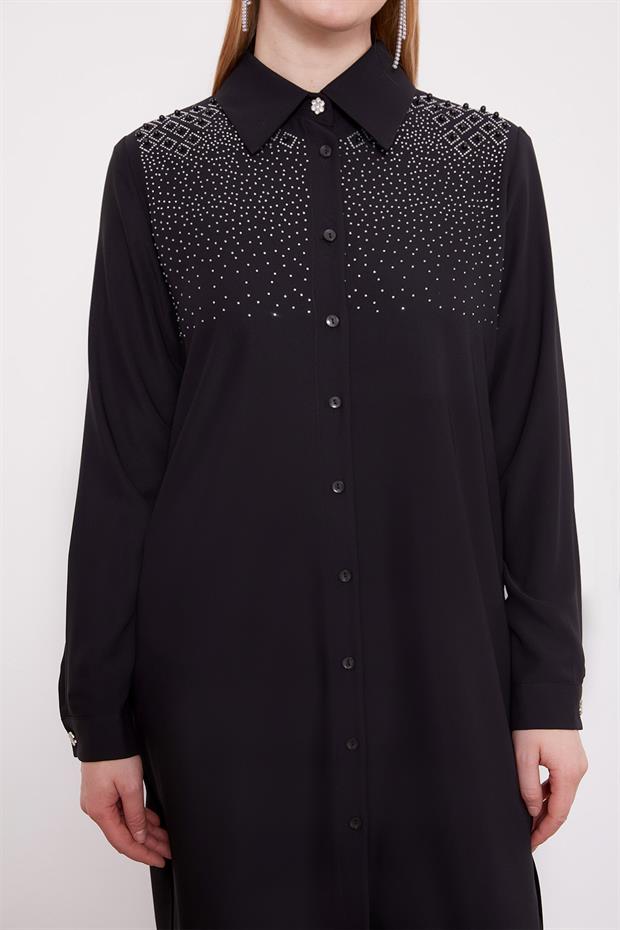 Siyah Omzu Kare Taşlı Tunik