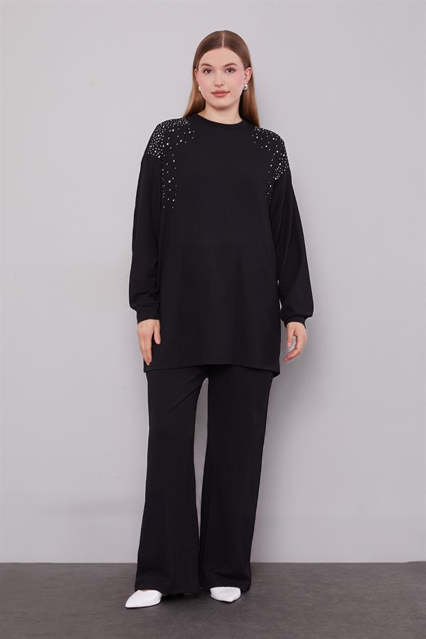 Siyah Omzu Taş İşlemeli İkili Takım