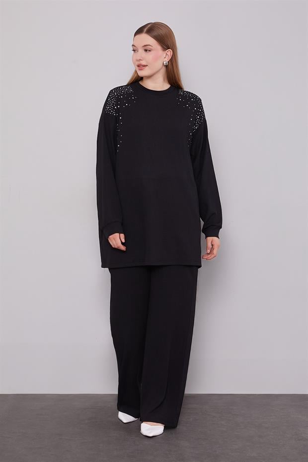 Siyah Omzu Taş İşlemeli İkili Takım