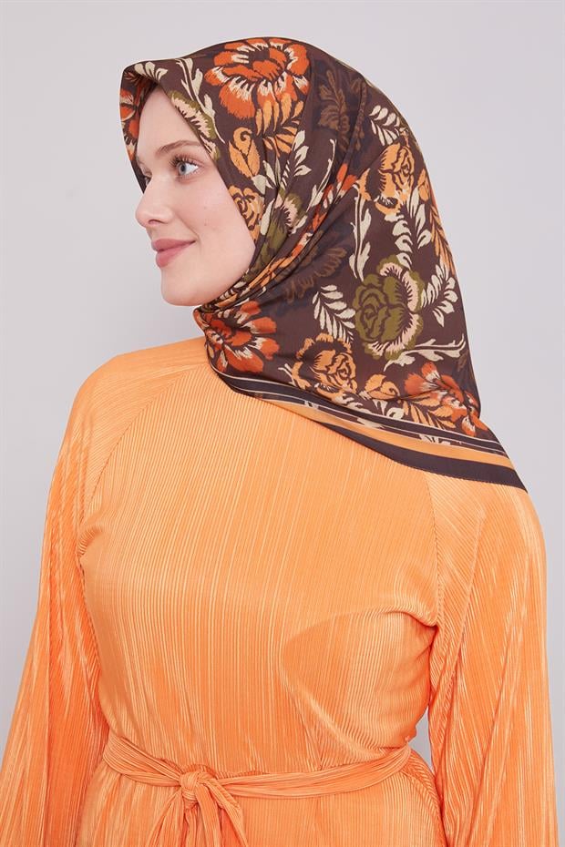 Siyah - Oranj Gül Desen Aura Eşarp