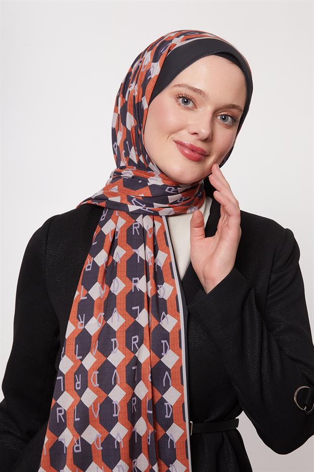Siyah - Oranj Petek Desen Love Şal