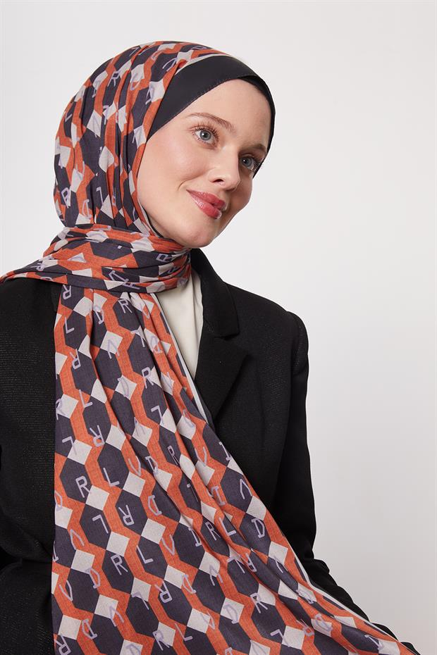 Siyah - Oranj Petek Desen Love Şal