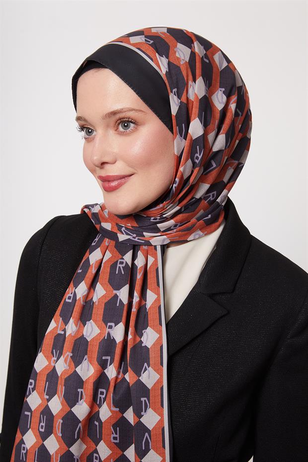 Siyah - Oranj Petek Desen Love Şal