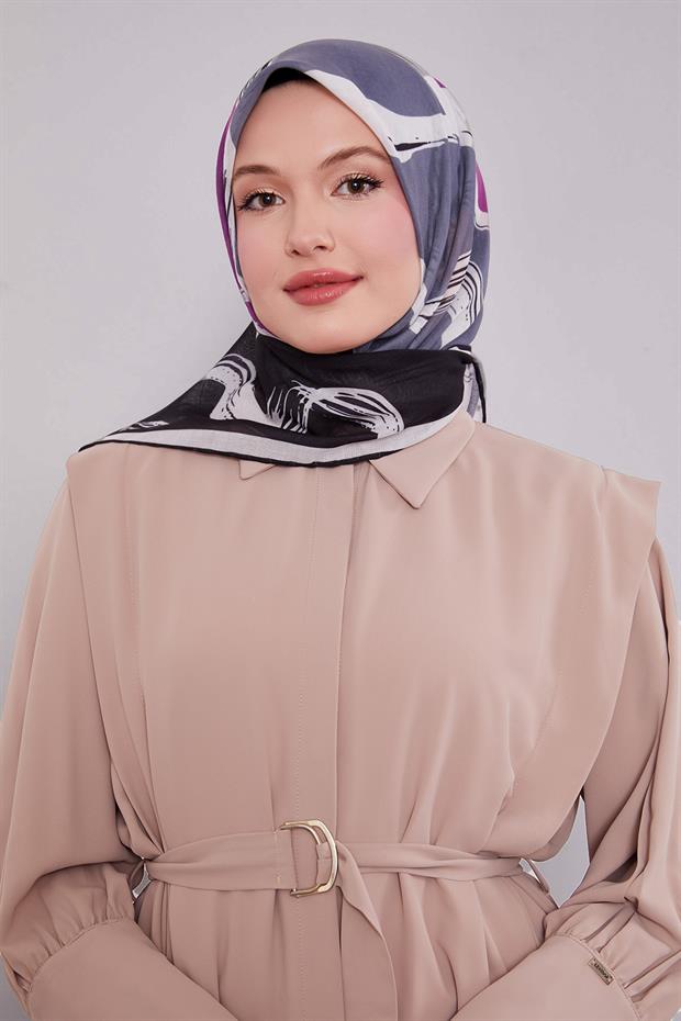 Siyah - Oranj Soyut Desen Soft Eşarp