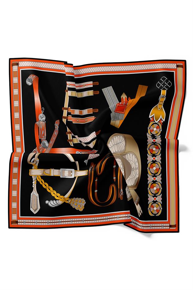 Siyah - Oranj Twill İpek Eşarp Lunera Koleksiyonu