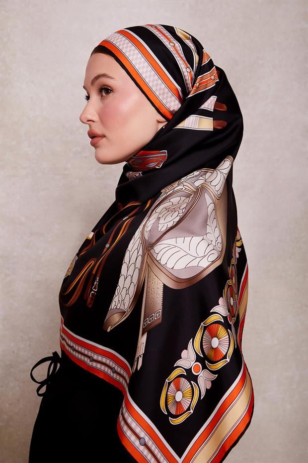Siyah - Oranj Twill İpek Eşarp Lunera Koleksiyonu