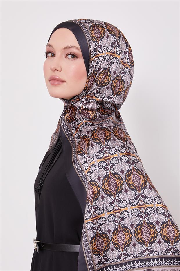 Siyah - Oranj Yansıma Desen Hint İpeği Şal