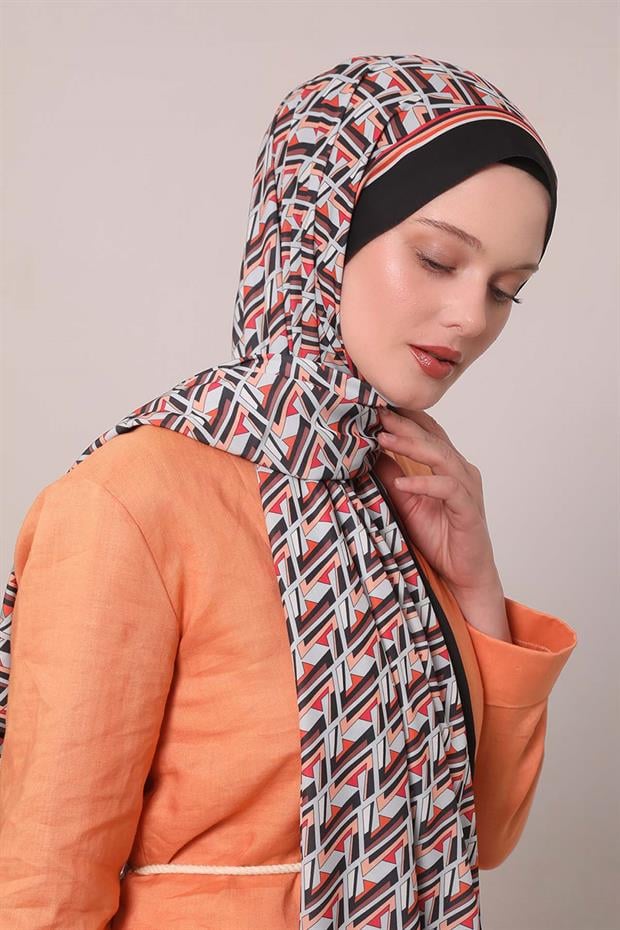 Siyah - Oranj Zigzag Desen Club Şal