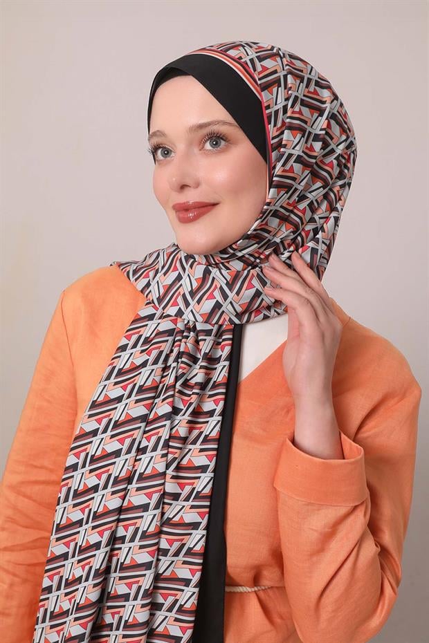 Siyah - Oranj Zigzag Desen Club Şal