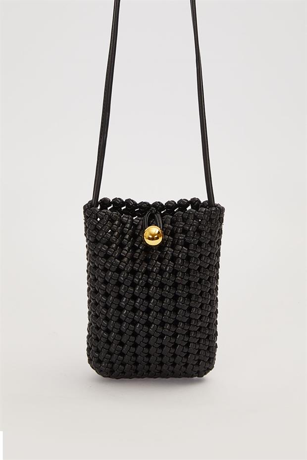 Siyah Örgü Model Gold Tokalı Omuz Çantası