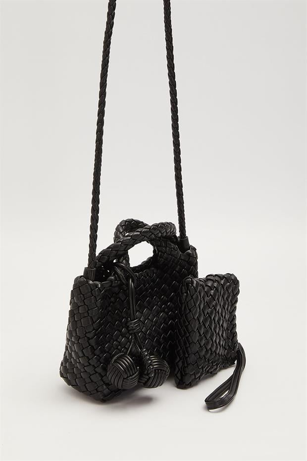 Siyah Örgü Top Aksesuarlı El Çantası