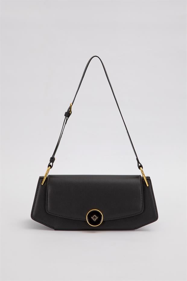 Siyah Oval Gold Aksesuarlı Omuz Çantası