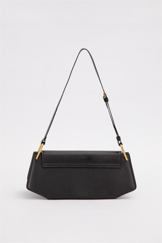 Siyah Oval Gold Aksesuarlı Omuz Çantası