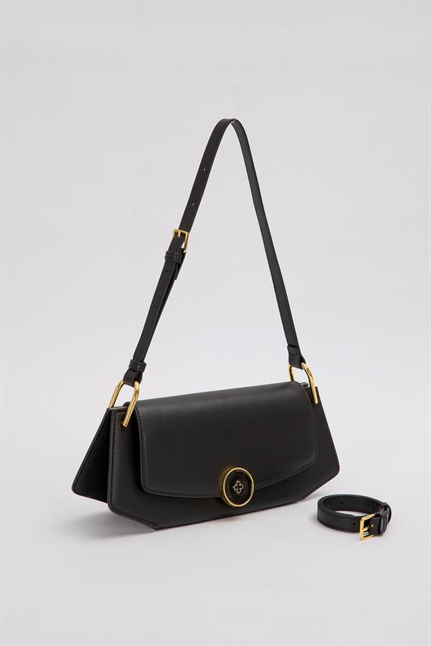Siyah Oval Gold Aksesuarlı Omuz Çantası