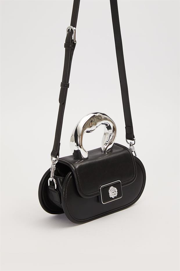 Siyah Oval Görünümlü Metal Aksesuarlı El Çantası