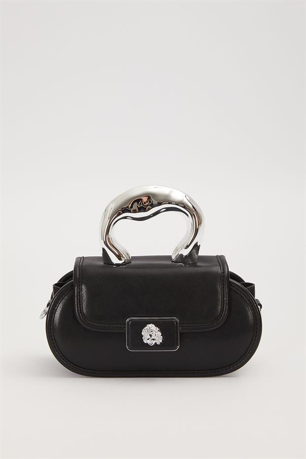 Siyah Oval Görünümlü Metal Aksesuarlı El Çantası