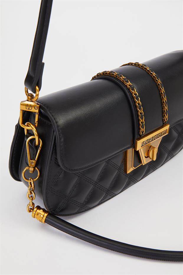 Siyah Oval Kapitone Desen Omuz Çantası