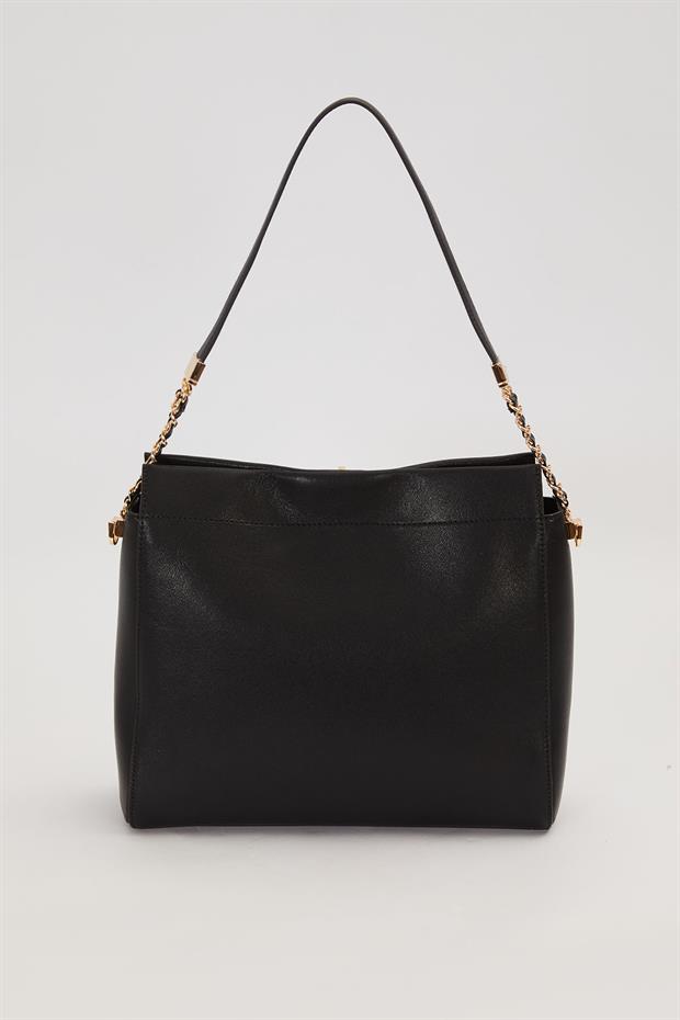 Siyah Oval Kilitli Omuz Çantası