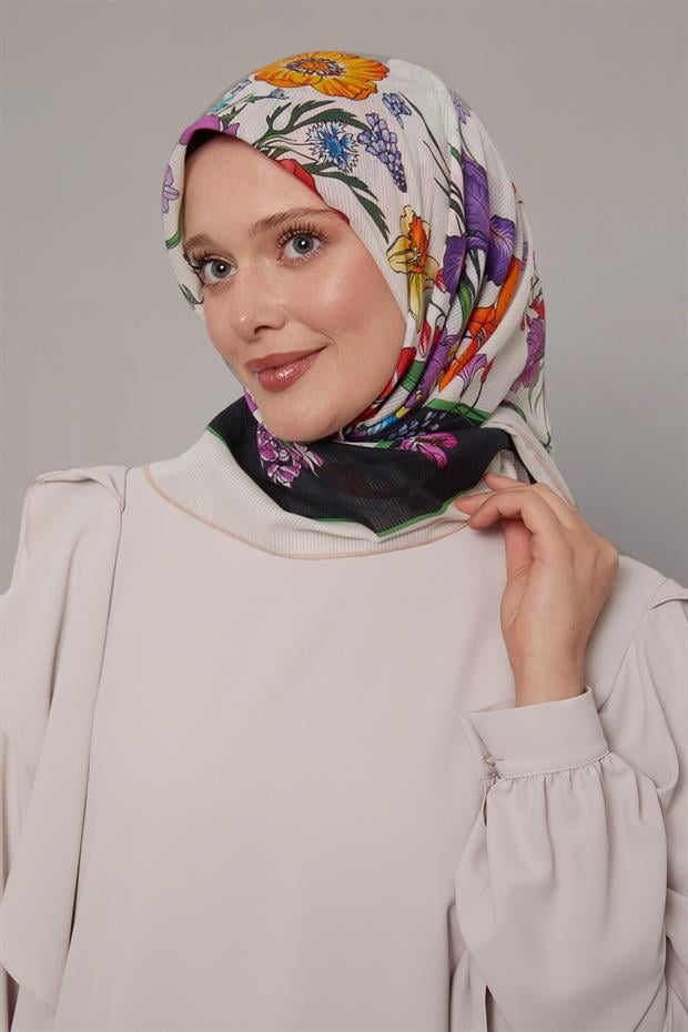 Siyah Papatya Desen Pamuk Eşarp