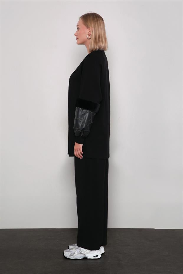 Siyah Peluş Kol Detaylı Spor Takım