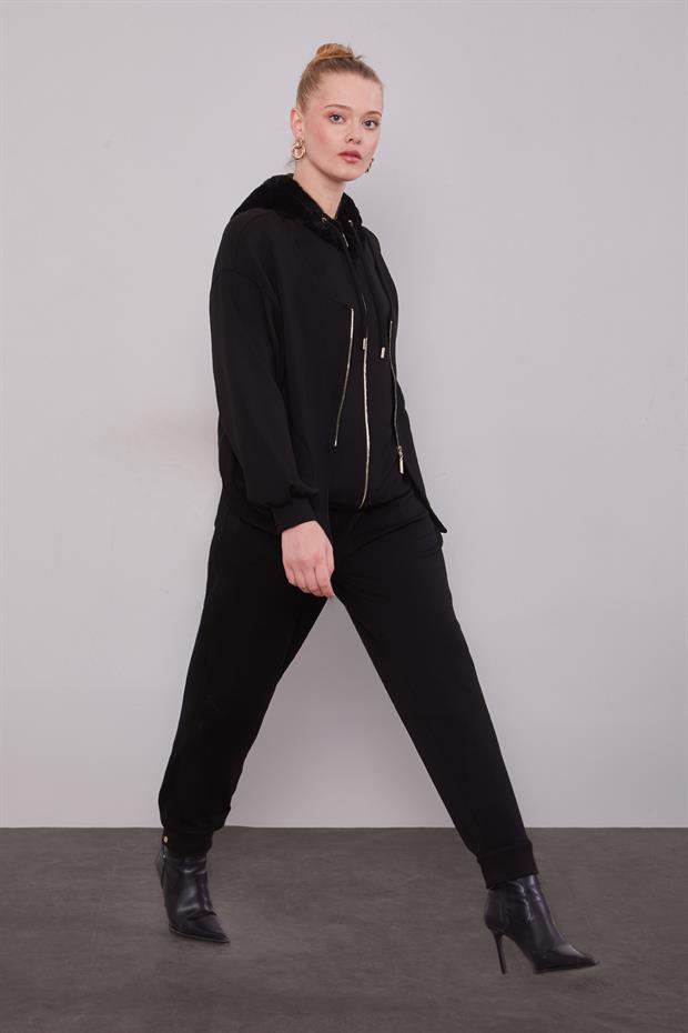 Siyah Peluş Şapkalı İkili Takım