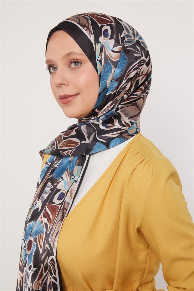 Siyah Petunya Desen Hint İpeği Şal