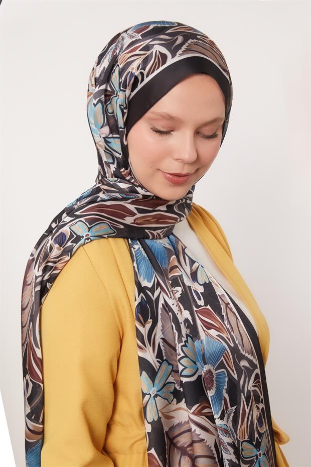 Siyah Petunya Desen Hint İpeği Şal