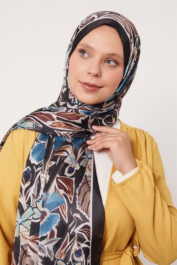 Siyah Petunya Desen Hint İpeği Şal