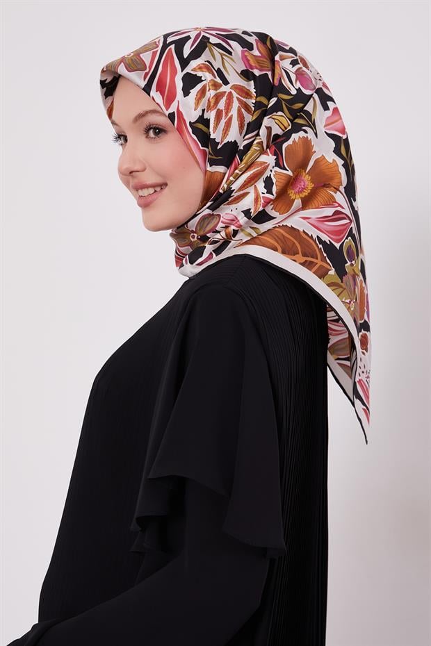 Siyah Petunya Desen Twill İpek Eşarp