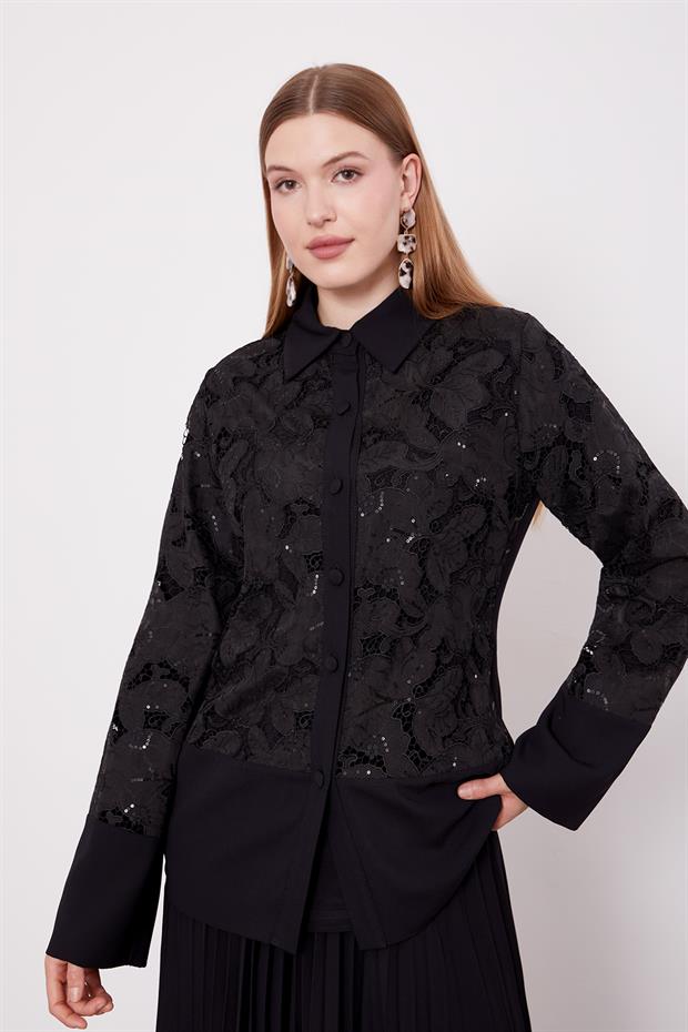 Siyah Piliseli Dantel Detaylı Üçlü Etek Takım