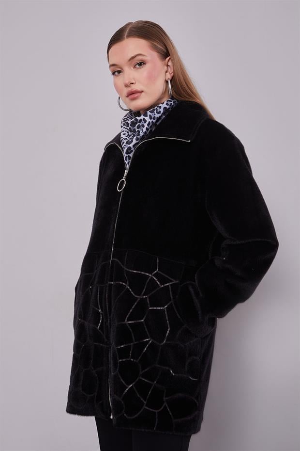 Siyah Pullu Desen Midi Kaban