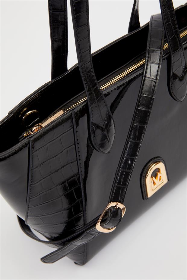 SİYAH RUGAN Deri Detay Omuz Çantası