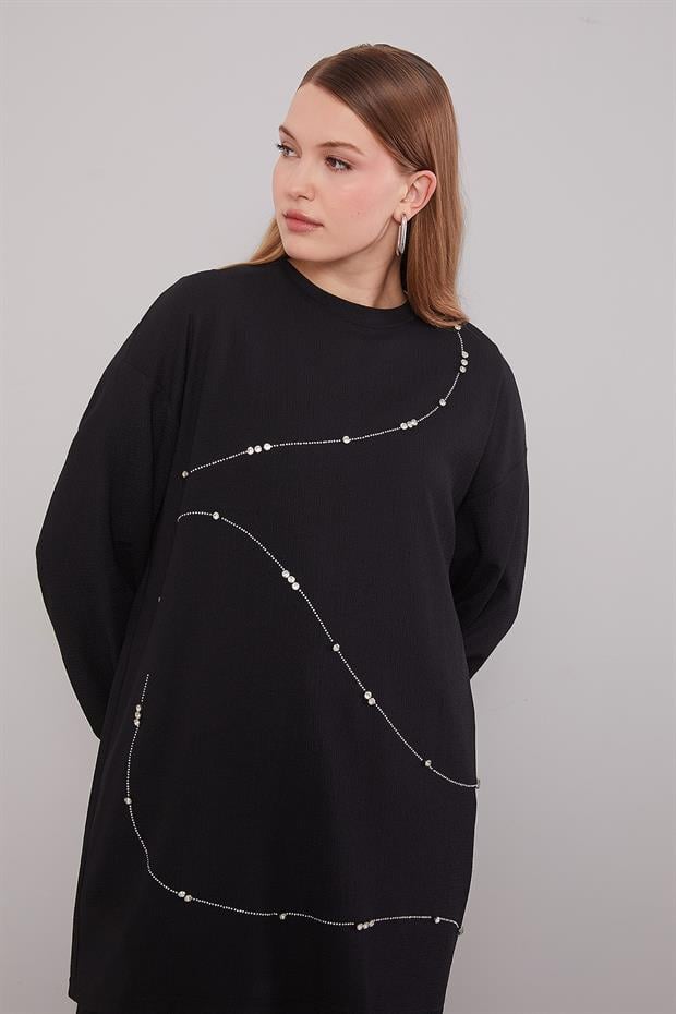 Siyah Şerit Taş Detaylı İkili Takım