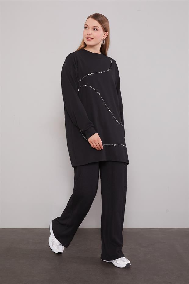 Siyah Şerit Taş Detaylı İkili Takım