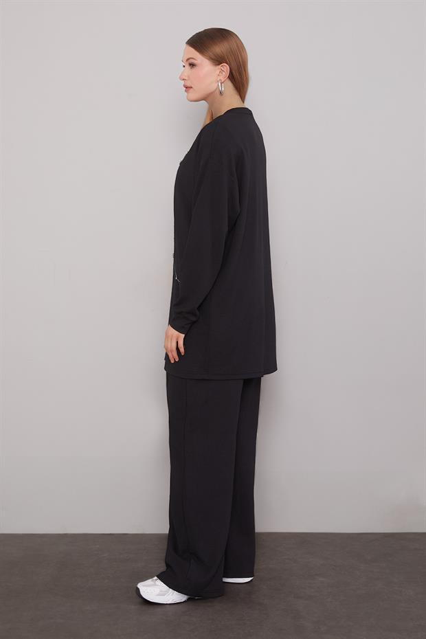 Siyah Şerit Taş Detaylı İkili Takım