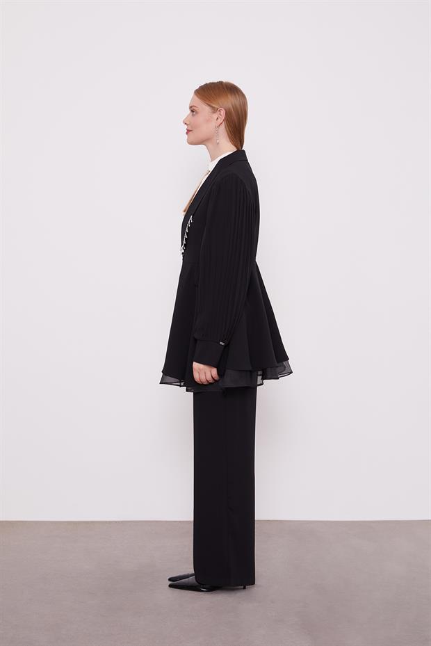 Siyah Şifon Kollu Taş Detay İkili Takım