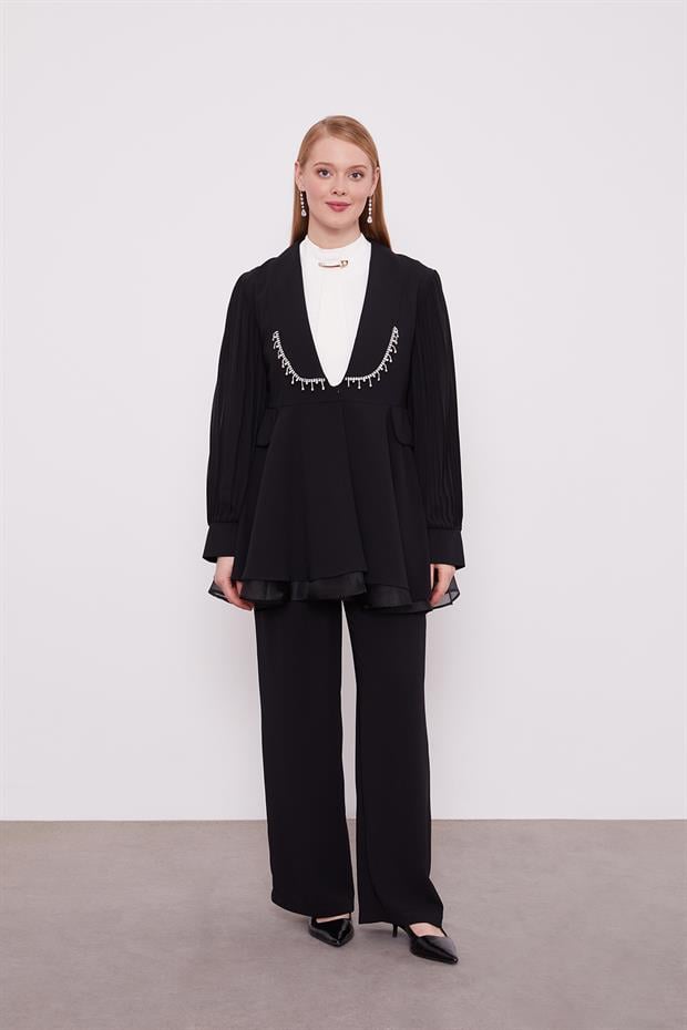 Siyah Şifon Kollu Taş Detay İkili Takım