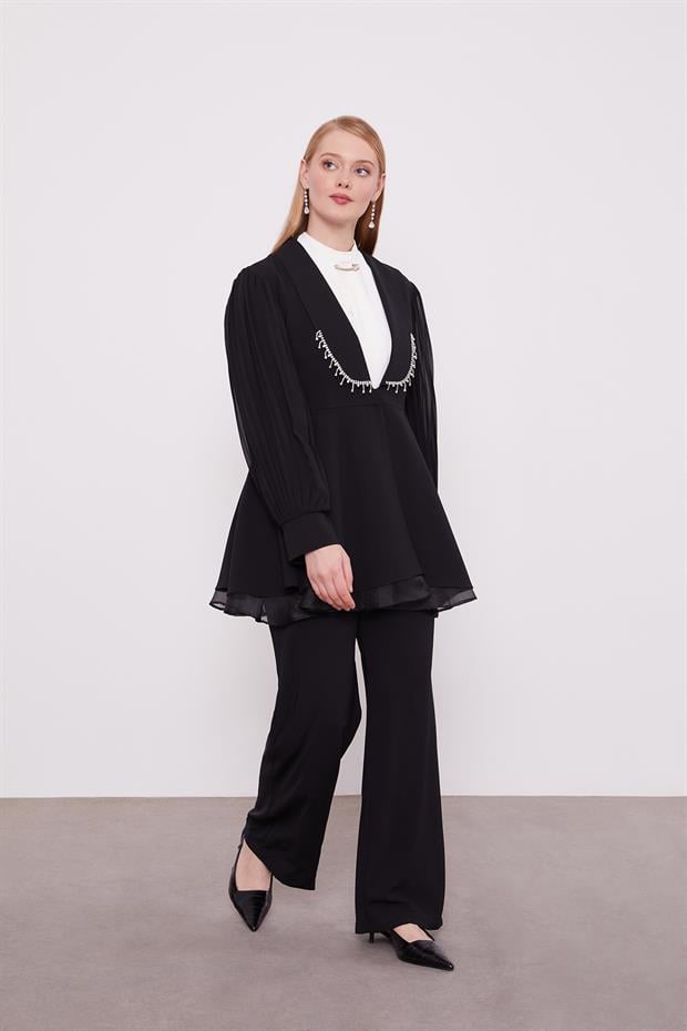 Siyah Şifon Kollu Taş Detay İkili Takım