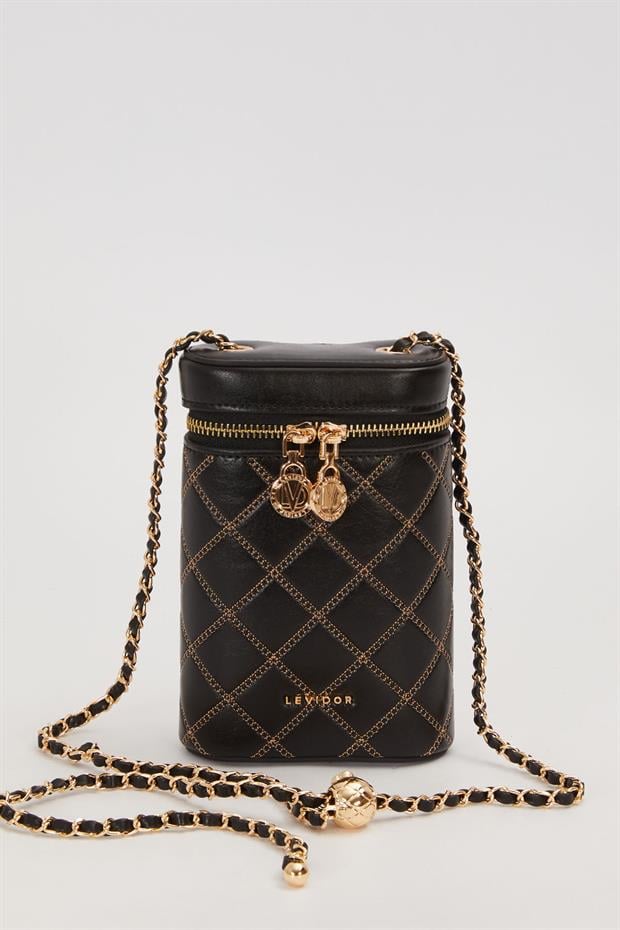 Siyah Silindir Form Kapitone Omuz Çantası