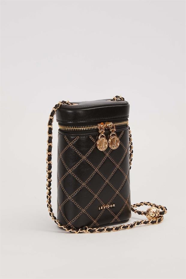 Siyah Silindir Form Kapitone Omuz Çantası